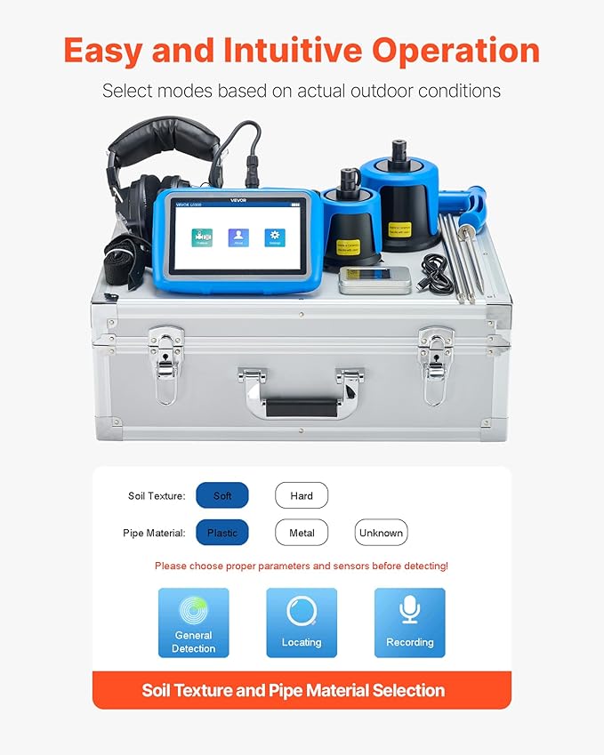 VEVOR Pipe Water Leak Detector for Outdoors, 1Hz-10000Hz, 7" Touchscreen Leakage Detection Locator for 16.4FT (5m) Underground Plumbing - with Medium & Large Sensor, 3 Listening Rods, Headphone & Case