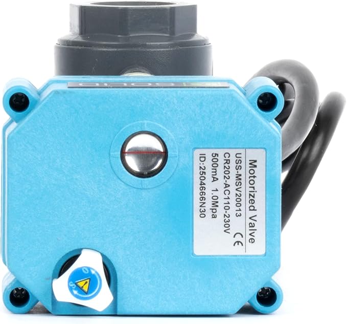 U.S. Solid 1/2 inch PVC Motorized Ball Valve - Plastic Electrical, US Plug, 2 Wire Auto Return, AC 110~230V, IP67, Manual Override, Normally Closed