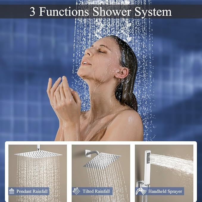 Shower Faucet Set Polished Chrome Shower System, Knob Switch Diverter Shower Faucet with High Pressure Handheld Spray, Ceiling Mount 12 Inch Shower Head with 6 Inch Wall Mount Shower Head