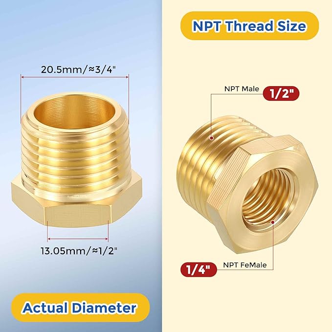 10 Pack Brass Pipe Fittings, 1/2" Male NPT to 1/4" FeMale NPT Brass Hex Bushing Reducer, Hose Tube Threaded Adapter Suitable for Air, Oil, LP, Gas