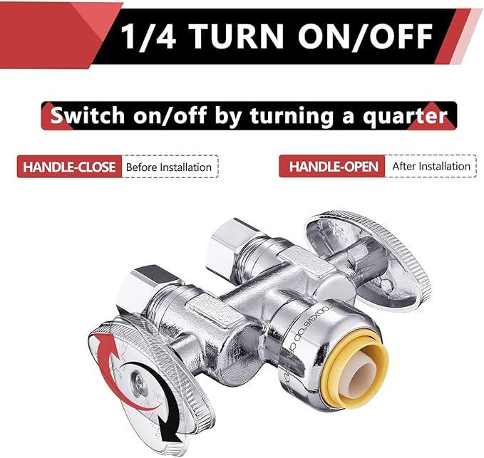 (Pack of 20) EFIELD Push Fit 1/2" x Dual 3/8" OD Compression Straight Stop Valve, 1/4 Turn with a Disconnect Clip Tool,(PF-VALVE039-20PCS)