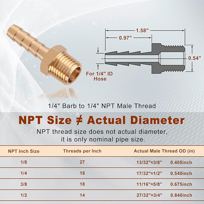 5pcs Brass Hose Barb Fittings 1/4 Inch Barb to 1/4 Inch NPT Male Thread Air Hose Fittings Adapter Connector Water Fuel Air Line Fittings 1/4” Barb × 1/4” NPT Brass Fittings