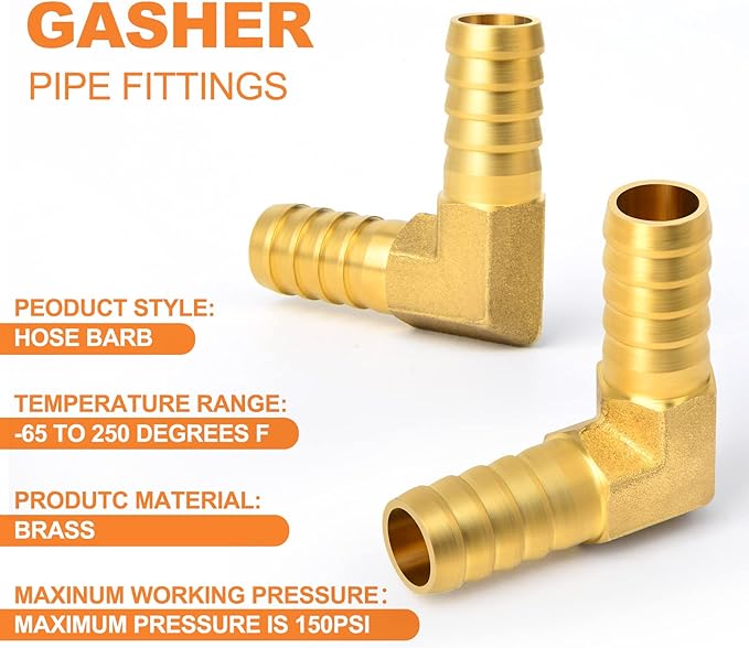 GASHER 5 Pieces Brass Hose Barb Reducer, 5/8 Inch to 5/8 Inch Barb Hose ID 90 Degree L Right Angle Elbow with 10 Hose Clamps, Brass Barb Reducer SPLICER Fitting Fuel/AIR/Water/Oil/Gas/WOG