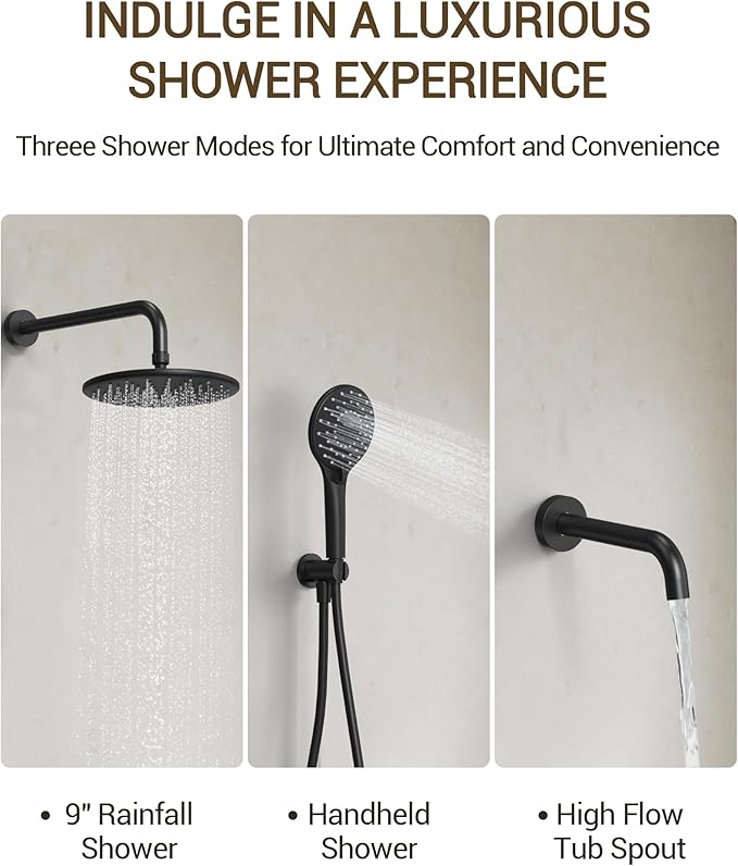 Upgraded Shower Faucet Set with Tub Spout: Aposhion 9 Inch Round Rainfall Shower System Rough-in Pressure-balanced Valve with Handheld Sprayer, Wall Mounted Bathtub Shower Faucet Kit Complete