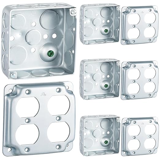 4 Set 4 × 4" Electrical Junction Box with Cover Electrical Metal Outlet Box, 21.0 Cu. in. Capacity Receptacle Exposed Work Cover, 1-1/2'' Deep(Double Duplex)