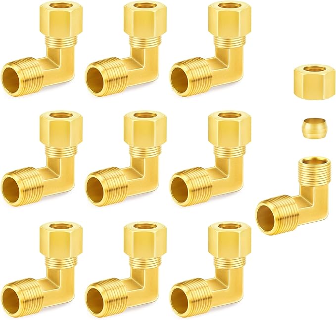 ChillWaves Brass Compression Tube Fitting, 1/4" OD x 1/4" NPT Male 90 Degree Elbow Compression Union Connector(10-PACK)