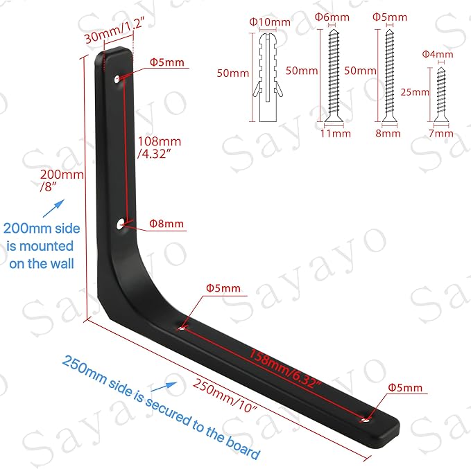 SAYAYO 4 PCS Metal Wall Shelf Bracket, 10 x 8 Inch Heavy Duty Shelf Support Bracket Decorative Joint Angle Bracket, Matte Black