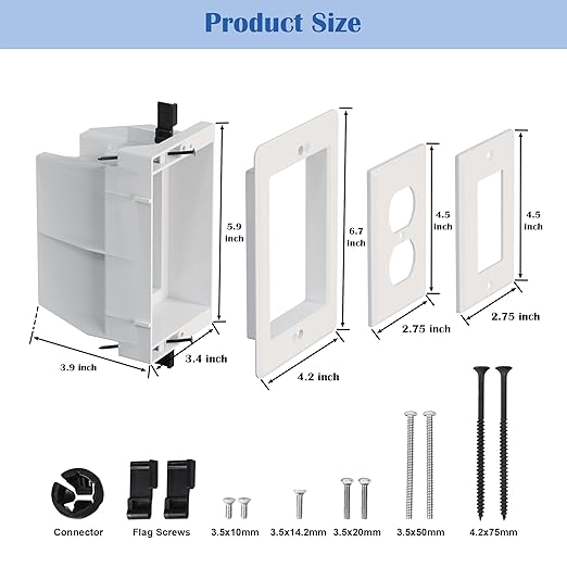 Recessed Outlet/Electrical Box Single Gang, Recessed Outlet Box for Wall Mount TV, Antenna, Phone and Cable TV, Suitable for GFCI Outlet and Standard Outlet, for Old or New Construction(1 Pack)