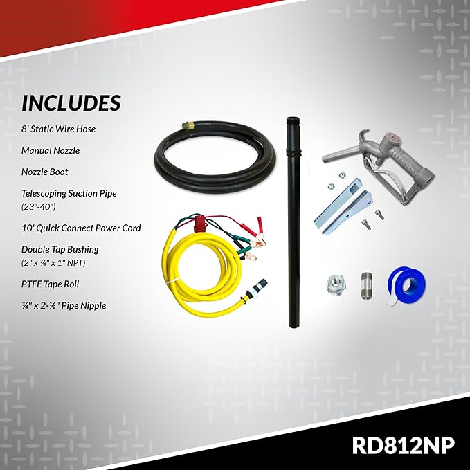 Fill-Rite RD812NP 12V 8 GPM Portable Fuel Transfer Pump w/Discharge Hose, Manual Nozzle, Power Cable/Clips, & Suction Pipe