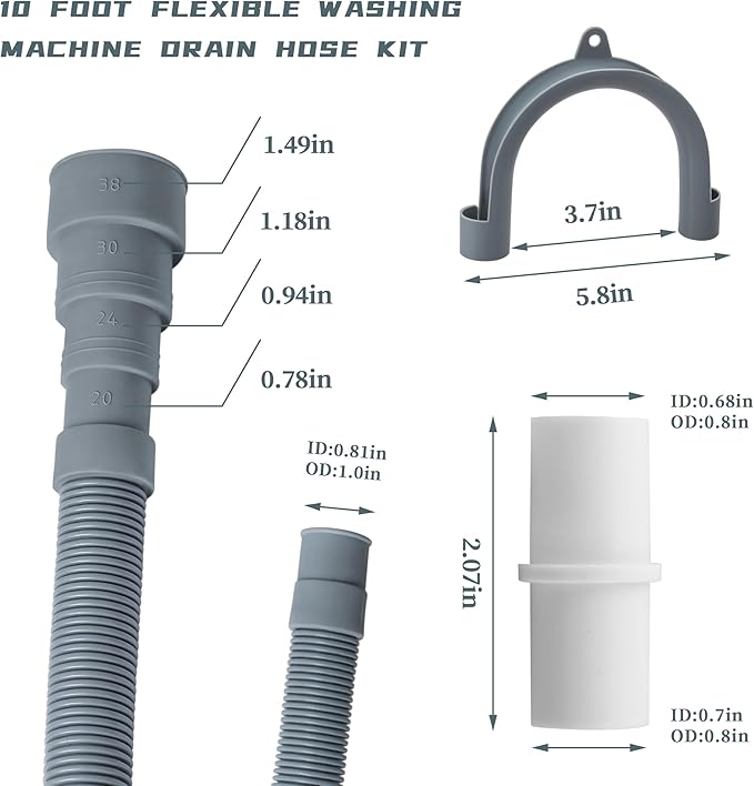 10 Feet Washing Machine Drain Hose, Universal Drain Hose Extension Kit for Washer, Dishwasher, Dehumidifier, Flexible Discharge Hose for LG/GE/Samsung, Fit up to 1-1/2 Inch Drain Outlets