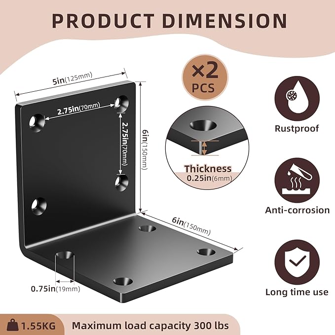 6" X 6" X 5" Heavy Duty Steel L Angle Bracket for Wood, Large 90 Degree Corner Shelf Support Bracket, 6x6 Post to Beam Connector, Thickness 1/4"(6mm), Max Load 300lbs-2 Pcs