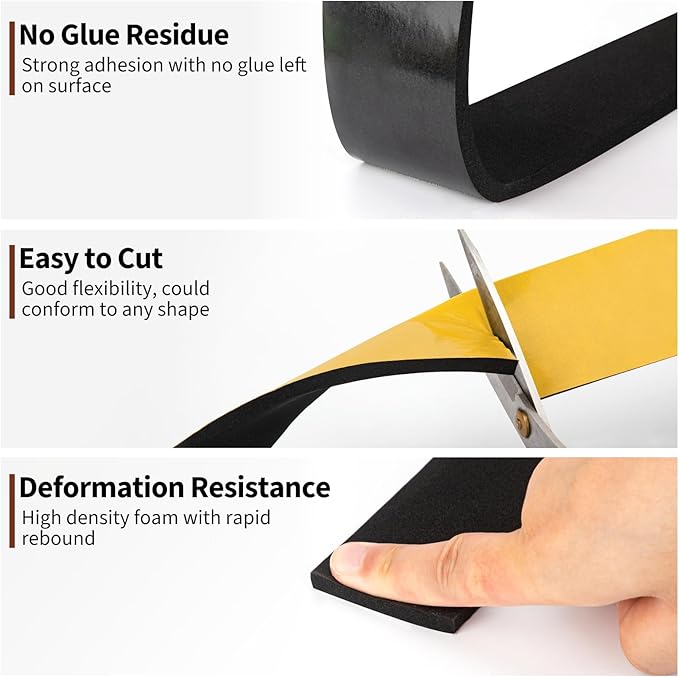 Yotache Neoprene Weather Stripping 2" W X 1/8" T (New Adhesive Craft), Self Adhesive Foam Rubber Seal Strip Tape for Door and Window, 16 Ft Length