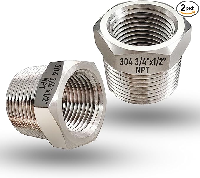 2 Pcs 304 Stainless Steel 3/4" Male to 1/2" Female Reducer Bushing, 3/4 Inch Male to 1/2 Inch Female NPT Pipe Fitting Reducing Adapter Tube Connector Convert (3/4" Male x 1/2" Female)