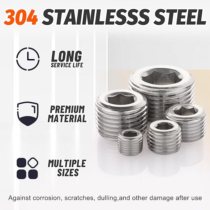 25Pcs 304 Stainless Steel Pipe Plug Fittings Assortment Kit,5 Sizes 1/8" 1/4" 3/8" 1/2" 3/4" NPT Male Internal Hex Thread Socket Pipe Plug Set