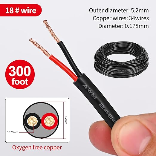 18 Gauge Electrical Wire 2 Conductor,18 AWG Electrical Wire Stranded PVC Cord Oxygen-Free Copper Cable,300FT Pure Copper Electrical Wire Cord for LED Lamp Lighting Strips Automotive…