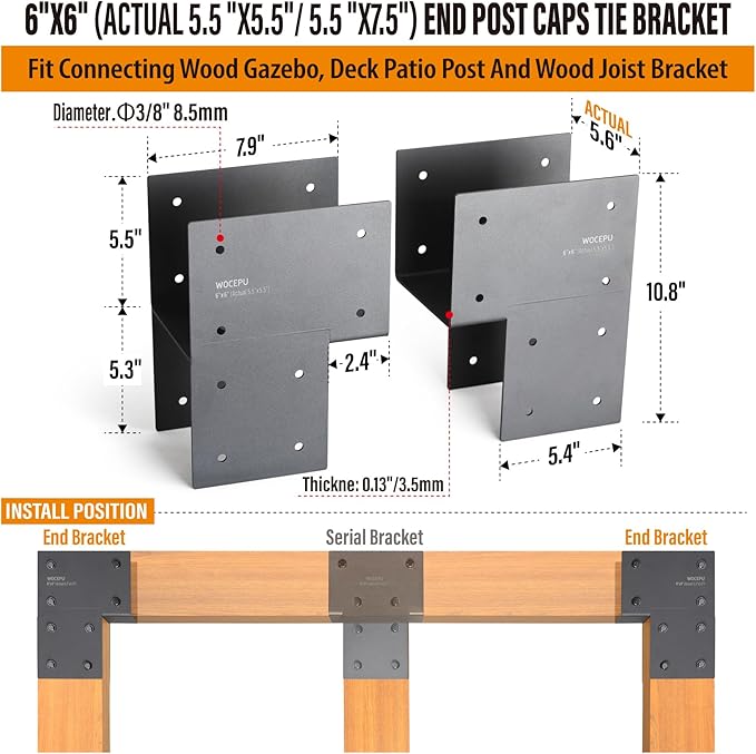 2 Pack Heavy Duty 6x6 (Actual 5.5"x5.5") Stainless Steel End Post Caps Tie Bracket , Fit Connecting Wood Gazebo, Deck Patio Post and Wood Beams Bracket (Dark Ggray)