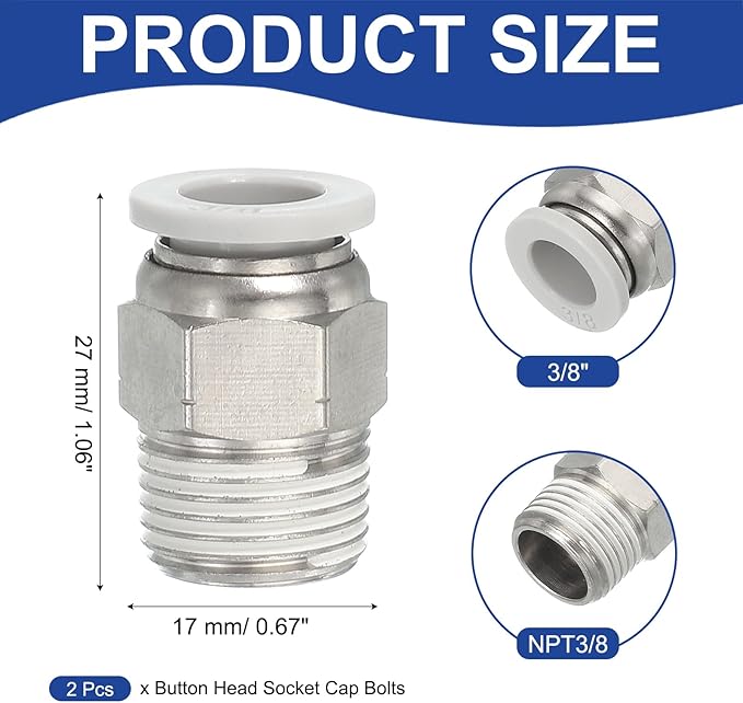 MECCANIXITY 2 Pcs NPT Push to Connect Air Fittings, Male Straight 3/8" Tube OD x 3/8" NPT Thread Air Quick Connector Coupling Adapter for Gas Hose Pneumatic Tools, White