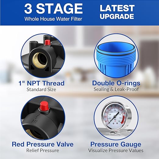 SimPure Whole House Water Filter System, 3-Stage Clear Home Water Pre-Filtration with Carbon Sediment and GAC Filters, Reduce Odor, Chlorine, Taste, Iron, Lead, 1" NPT Brass Port, BPA Free (DB20P-3)