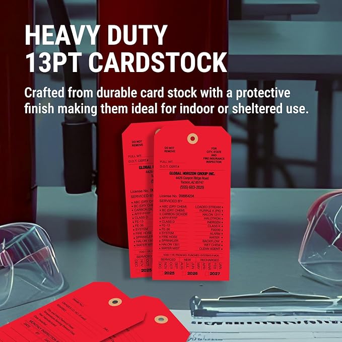 Tags 4 Less Custom Fire Extinguisher Tags – Preventative Maintenance Labels for Monthly Inspections, Alternative to Safety Sticker for Easy Record-Keeping – Pack of 100 (Red, Cardboard)