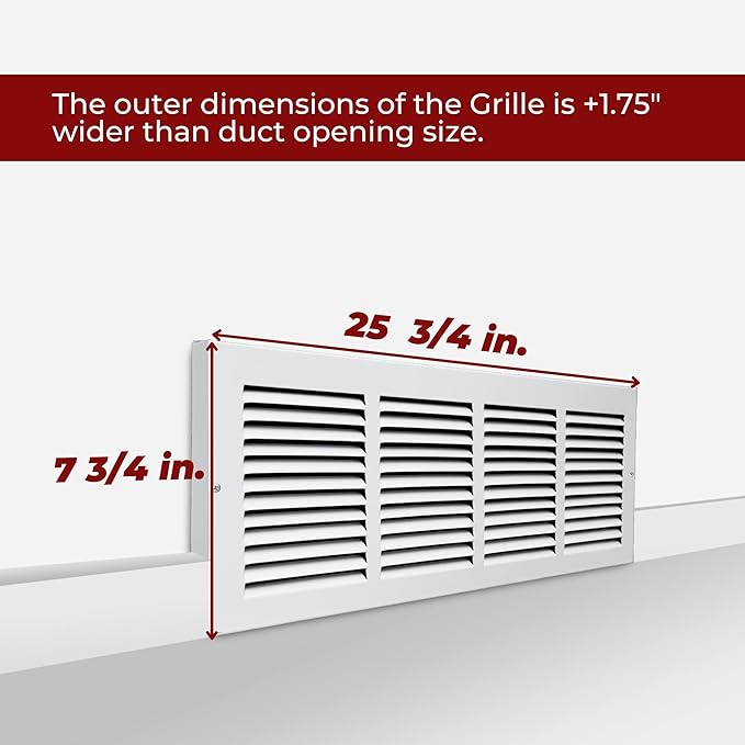 Fits 24x6 Duct Opening | Steel Baseboard Return Air Grille by Handua | Vent Cover Grill | 7/8" Margin Turnback [Depth] to Fit Baseboard | White | Outer Dimensions: 25.75"W X 7.75 "H