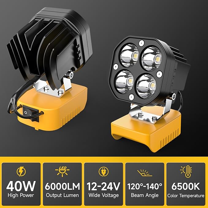 2 Packs LED Work Light Compatible with Dewalt 20V Battery, 40W 6000LM Flashlight, 20V Battery Cordless Work Light 120°Adjustable with Low Voltage Protection for Outdoors Job Site Lighting
