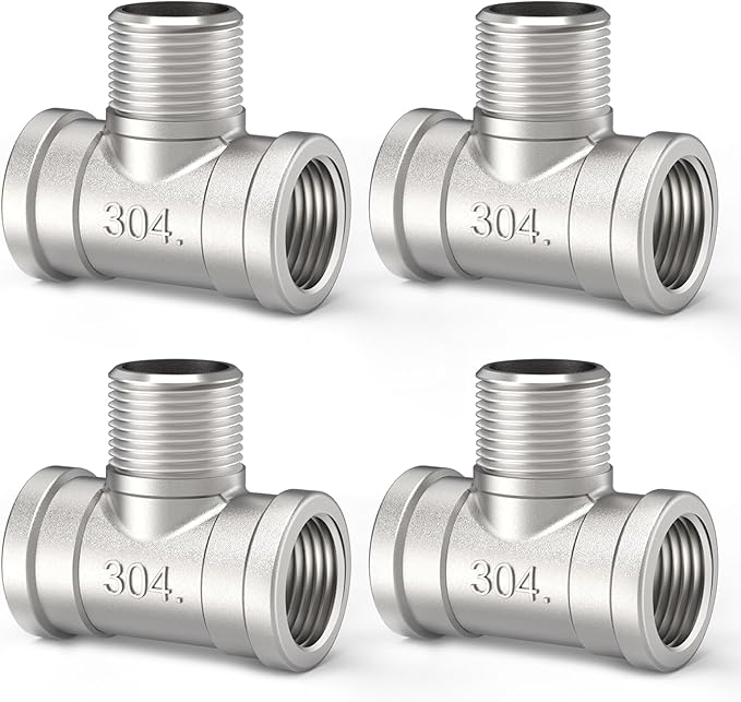 ChillWaves 304 Stainless Steel Pipe Fitting, Male Branch Tee 1/2" NPT Female x 1/2" NPT Male x 1/2" NPT Female Thread Adapter(4-PACK)