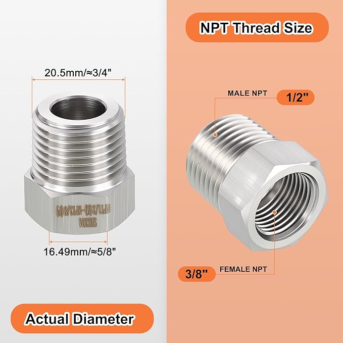 2 Pack 304 Stainless Steel Male to FeMale Adapters, 1/2" Male NPT x 3/8" FeMale NPT Hex Bushing Reducer for Industrial, Automotive, Fluid Transfer, Home Gardening, Water Treatment