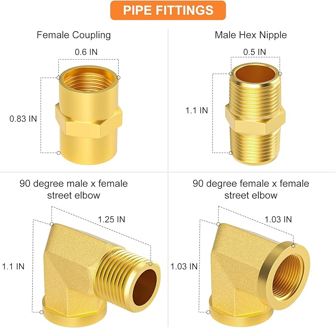 GASHER 8PCS 1/4 Inch NPT Brass Pipe Fittings, Hex Nipple, Hex Coupling, 90 Degree Barstock Street Elbow Air Hose Fittings
