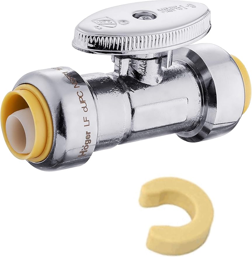 EFIELD Push Fit 1/4 Turn Straight Stop Valve Water Shut Off 1/2 Inch Push x 1/2 Inch, Chrome with Disconnect Clip,(PF-VALVE035)