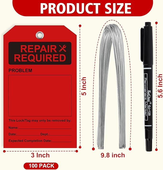 100 PCS Waterproof Repair Required Tags Red Repair Tags with Wire 3x5 Inch Service Tag Plastic Maintenance Required Tag with Iron Wire & Pen for Equipment Maintenance Service