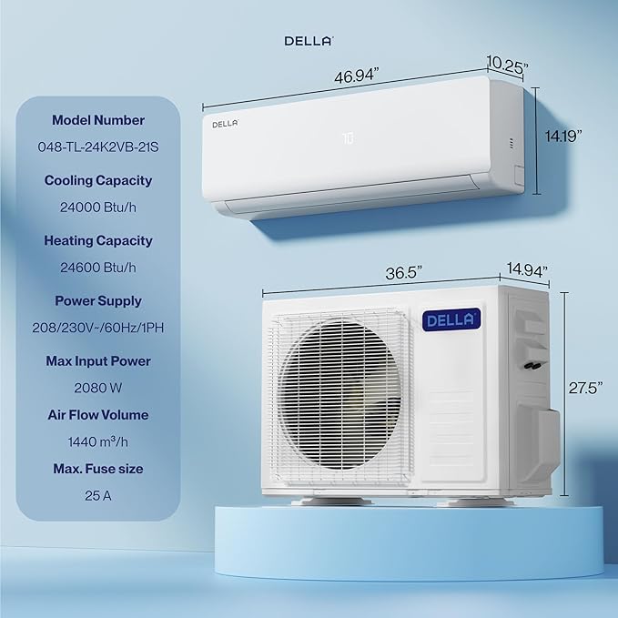 DELLA Vario Series 24000 BTU Mini Split AC, 2 Ton 21 SEER2, Work with Alexa and Wifi, 230V Ductless Inverter System, Cools Up to 1500 Sq.Ft, Pre-Charged Heat Pump and 16.4ft Installation Kits