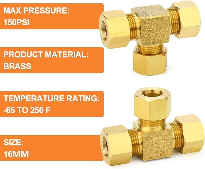 GASHER 2PCS Brass Compression Tube Pipe Fitting Connector, Tee，16mm x 16mm x 16mm Tube OD Connector