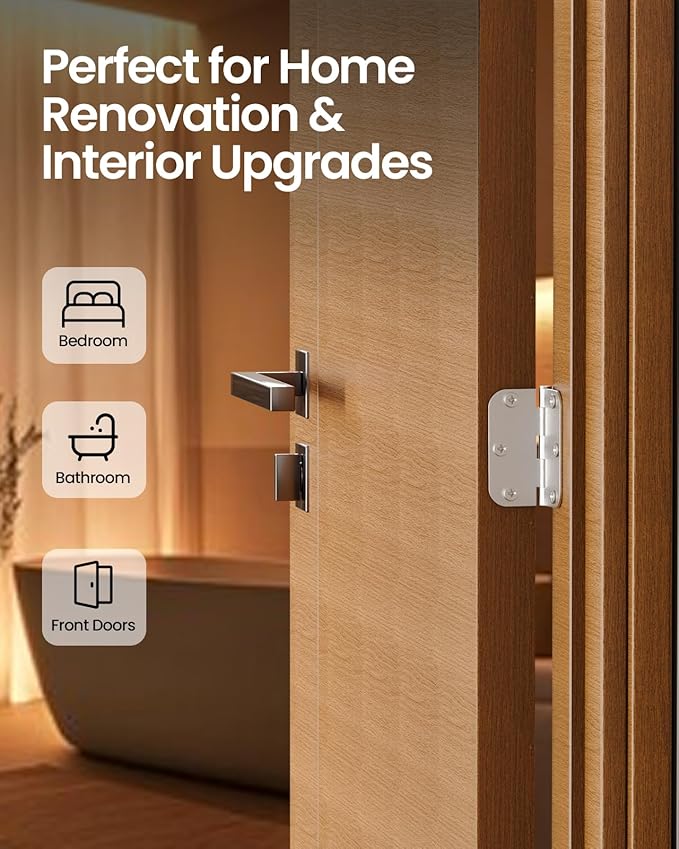 Door Hinges Brushed Nickel - 6 Pack Satin Nickel Door Hinges 3.5 Inch Rounded Interior Door Hinge with 5/8" Radius - 3 1/2" Silver Hinges for Residential Door Hardware
