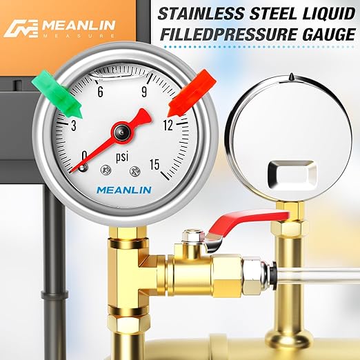 MEANLIN MEASURE 0~15Psi Pressure Gauge, Glycerin Filled 1/8" NPT 1.5" FACE DIAL, Stainless Steel Liquid Filled Pressure Gauge WOG Water Oil Air Lower Mount (with 2PCS Snaps)