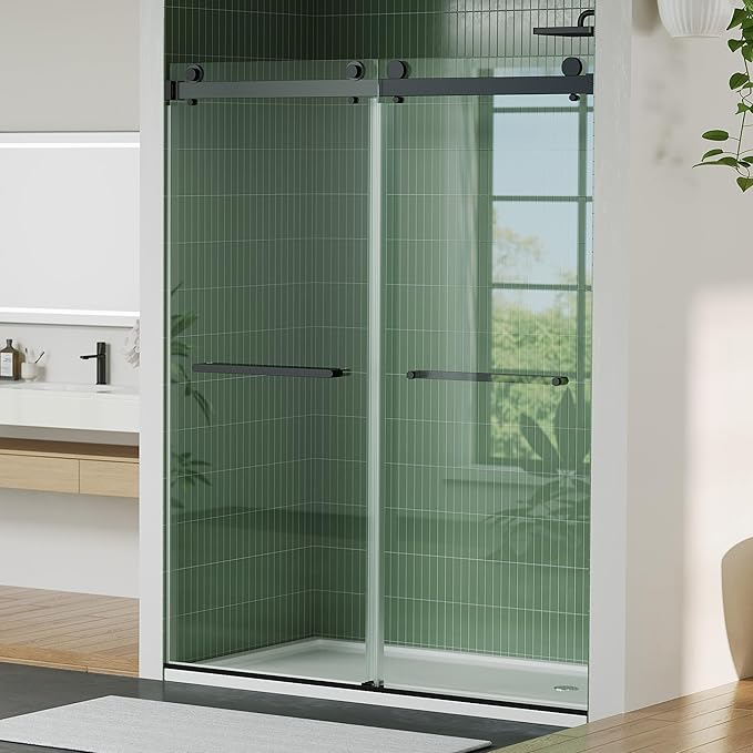 Frameless Double Sliding Shower Door - 56 to 60 Inch Adjustable Width x 74 Inch Height, 1/4" (6mm) Clear Tempered Glass with Easy-Clean, Space-Saving Bypass Design, Matte Black Finish for Bathroom