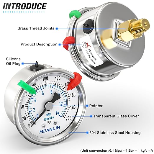 MEANLIN MEASURE 0~200Psi Dry Pressure Gauge Stainless Steel 1/4" NPT 2" FACE DIAL Waterproof for Air Compressor Air Regulator Water Filter Center Back Mount (with 2PCS Snaps)