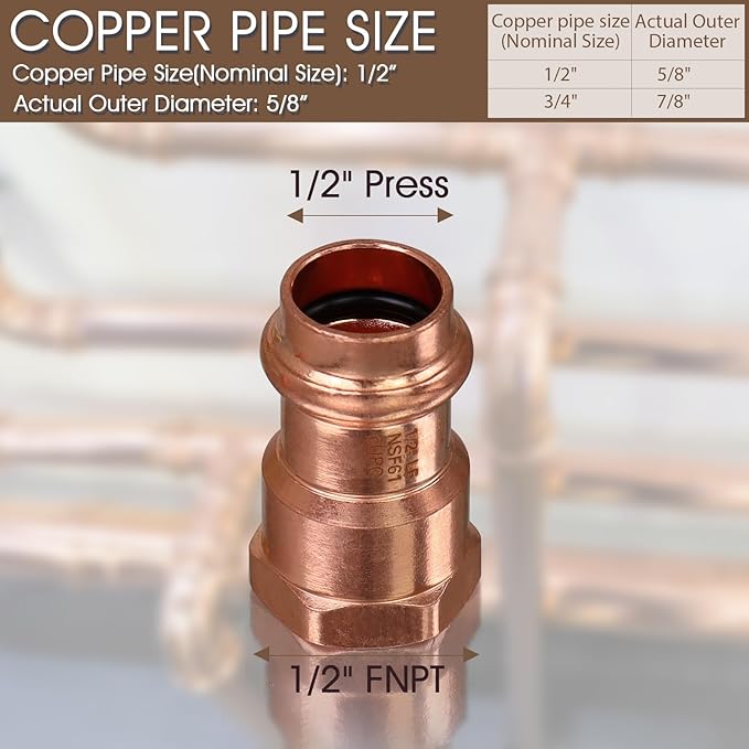Copper Press Fittings,12PCS 1/2" Press x 1/2” Female NPT Copper Press Female Adapter,1/2” Female NPTxPress LF Coppers Press Adapter Pressure Coppers Fitting Female x Press Connection for Plumbing