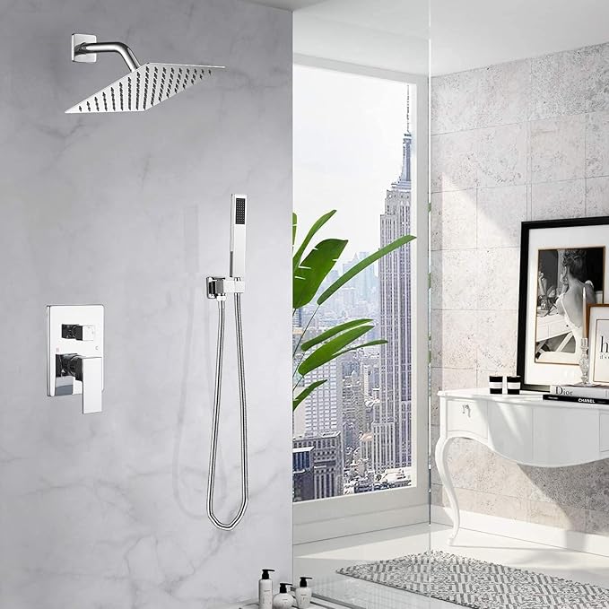 Shower System Polished Chrome Bathroom Rainfall Shower Faucet Set Complete Wall Mounted 8 Inch Shower Head and Handle Set with Rough-in Valve Body and Trim Kit