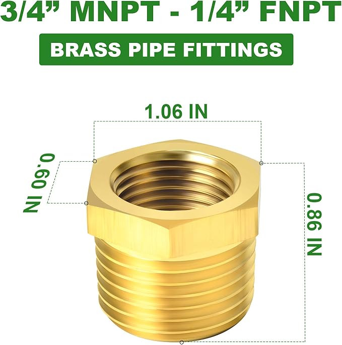 TAISHER 2PCS Brass Reducer Hex Bushing Threaded Pipe Fitting 3/4" NPT Male x 1/4" NPT Female Adapter
