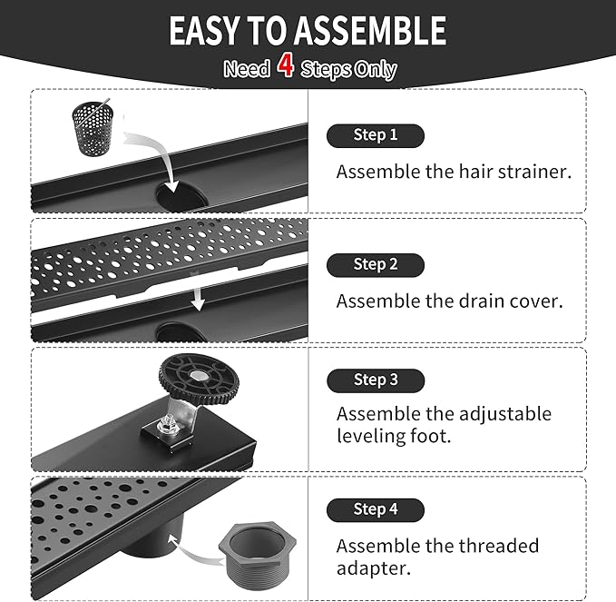 Linear Shower Drain 28 Inch, Bubbles Shower Drain SUS-304 Stainless Steel, 51L/Min Fast Drainage Floor Linear Drain, US Standard CUPC Certified, Matte Black, SD-099