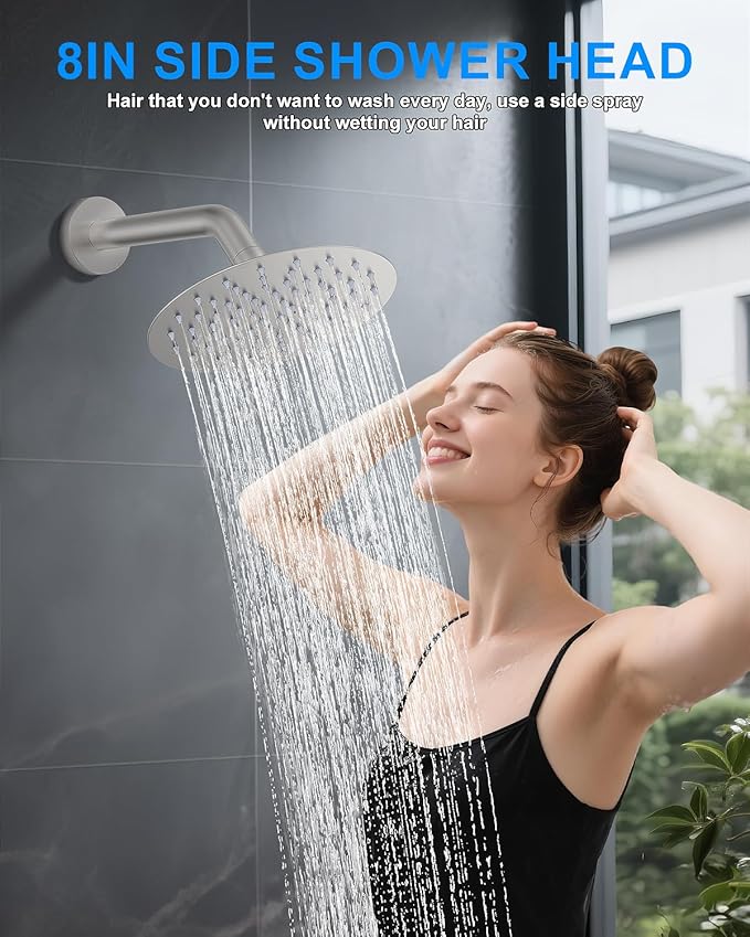 Shower System with Pressure Balance Valve, 10" Ceiling Mount Shower Faucet Set with 2 Rain Head and Multi-function Handheld Push Button Diverter Valve Kit,Brushed Nickel