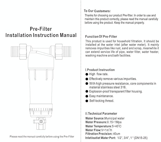Bluonics Reusable Spin-Down Sediment Pre-Filter for Whole House City & Well Water, 40 Micron, Includes 1" and 3/4" NPT Adapters