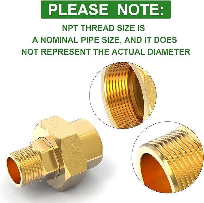 TAISHER 2PCS Brass Union，3/8" NPT Male x 3/8" NPT Female Brass Pipe Fitting