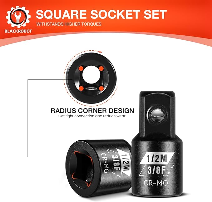 BLACKROBOT 2 Piece 3/8”F To 1/2”M Impact Socket Adapter Set,SAE Drive Cr-Mo Steel Exceeds ANSI Standards,Square Drive Reducer for Impact Driver Wrench