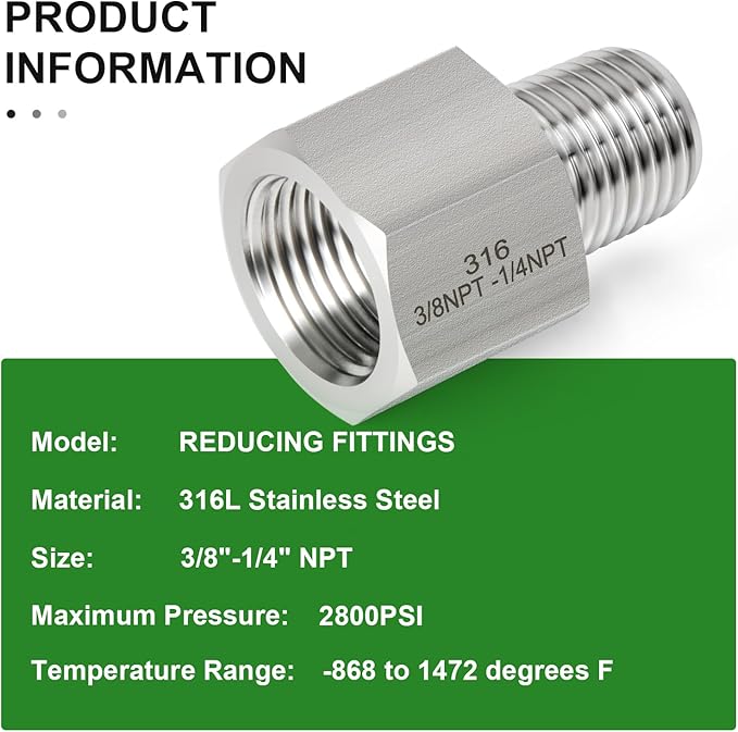 TAISHER 5PCS Forging of 316L Stainless Steel Pipe Fitting, Reducer Adapter, 1/4" NPT Male x 3/8" NPT Female, Reducing Pipe Adapter Fitting