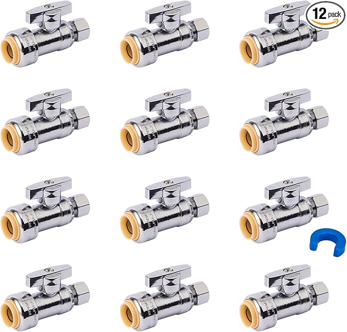 Straight Stop Valve, 12-Pack SUNGATOR Straight Water Shut Off Valve 1/2 x 3/8 Inch Compression, Toilet Water Shutoff, 1/4 Turn, No Lead Brass Push-to-Connect Plumbing Fittings for PEX Pipe,Copper,CPVC