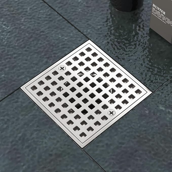 4 Inch Square Shower Drian with ABS Flange-SUS 304 Stainless Steel & CUPC Certified Shower Floor Drain-Removable Grid Cover-with Hair Strainer-Brushed Nickel