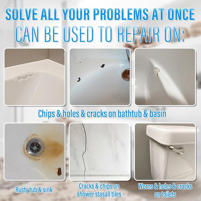 Tub Repair Kit White, Tub Chip and Bathtub Repair Kit for Enamel, Fiberglass, Acrylic, Porcelain, Patch and Repairs Chips, Crack, Scratches, Rust, Holes on Tubs, Toilet, Sink, Shower, Tray in Bathroom