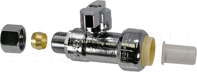 PROCURU 1-Pack PushFit Straight Stop Valve 1/2" Push x 3/8" OD Comp, Quarter-Turn Shut Off Valve for Faucet/Toilet, Certified Safe
