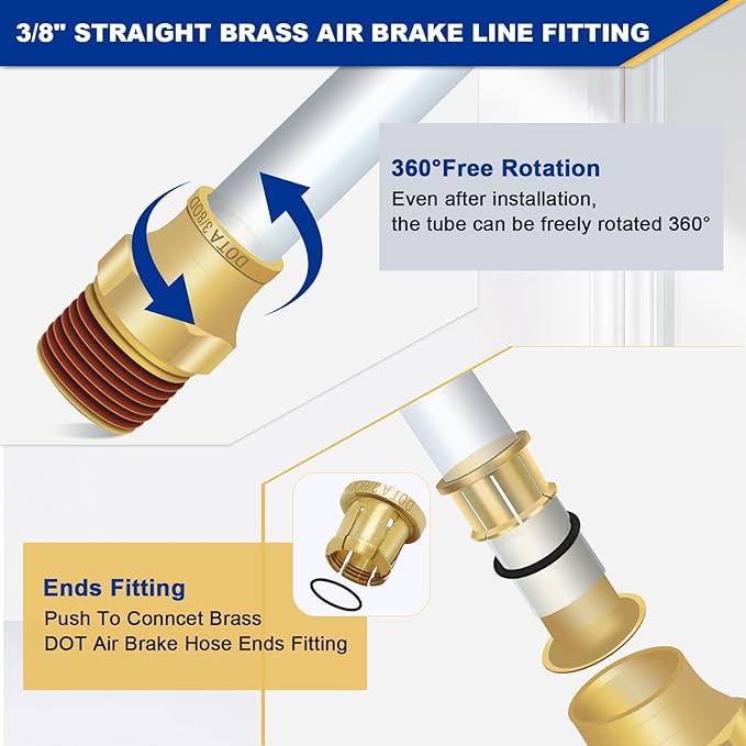 3/8" Brass Push to Connect DOT Air Brake Fittings, 3PCS Air Line Quick Connect Fittings 3/8" Tube OD x 3/8" NPT Connector Tube to Male Pipe for Truck Trailers Air Brake System